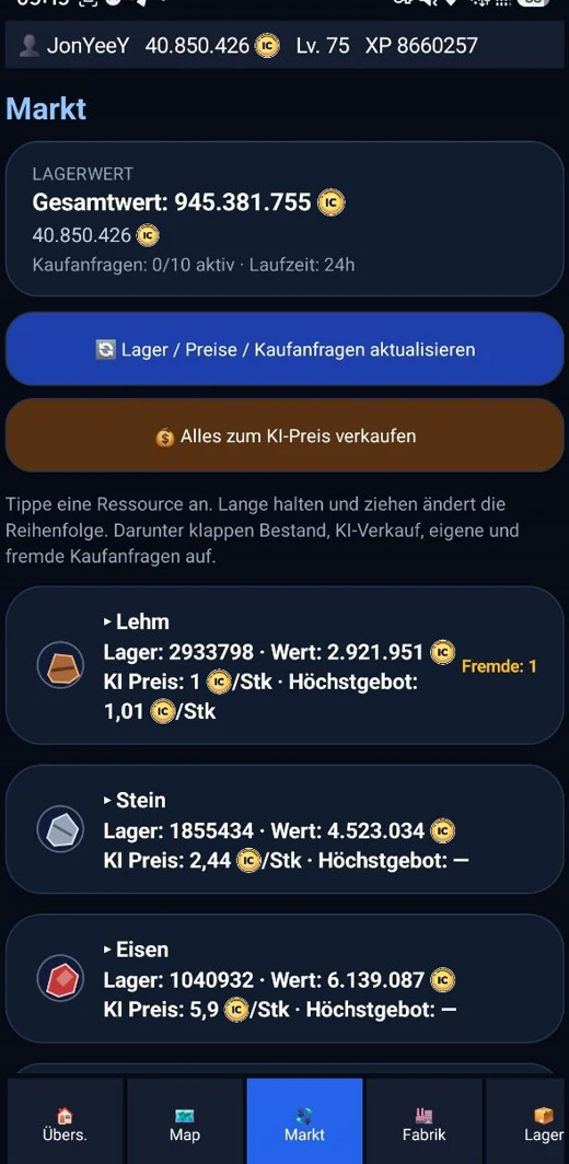 IndustryGO Markt und Lagerübersicht