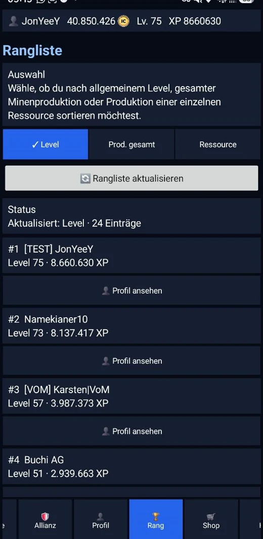 IndustryGO Spieler-Ranking